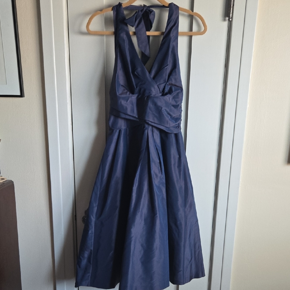 Donna Ricco Midnight Blue Silk Shantung Backless Halter Dress